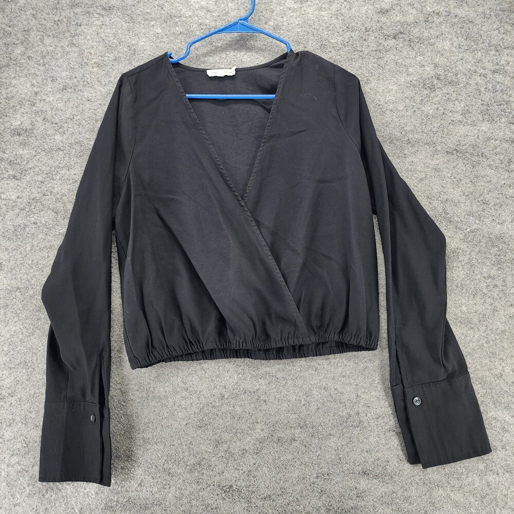Good American Shirt Womens 2 Long Sleeve Cropped V Neck Black